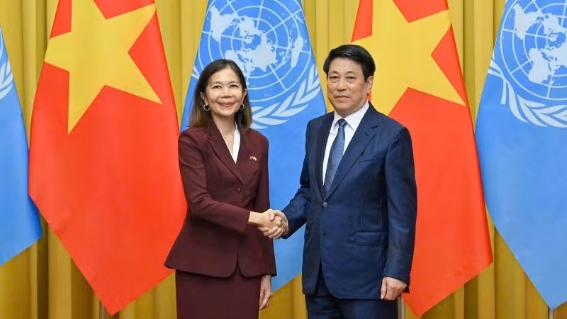 Chủ tịch nước Lương Cường và bà Pauline Tamesis, Điều phối viên thường trú Liên hợp quốc tại buổi tiếp Điều phối viên Thường trú và các Trưởng đại diện các tổ chức LHQ Việt Nam hôm 18/9. (Ảnh: THỦY NGUYÊN)