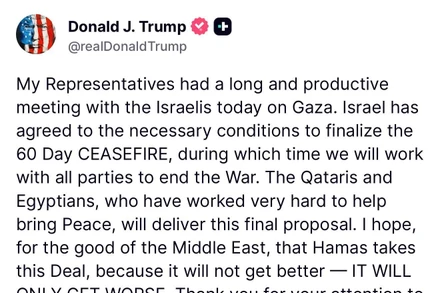 Thông điệp trên mạng xã hội Truth Social của Tổng thống Mỹ Donald Trump.