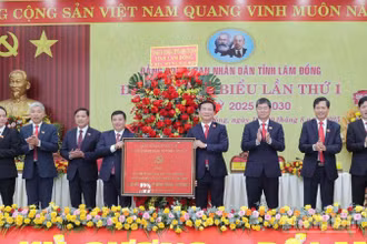 Bí thư Tỉnh ủy Lâm Đồng Y Thanh Hà Niê Kđăm tặng bức trướng của Ban Chấp hành Đảng bộ tỉnh Lâm Đồng chúc mừng đại hội.