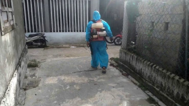 Cơ quan chức năng tiến hành khử khuẩn khu vực phát hiện lợn có dấu hiệu bất thường.