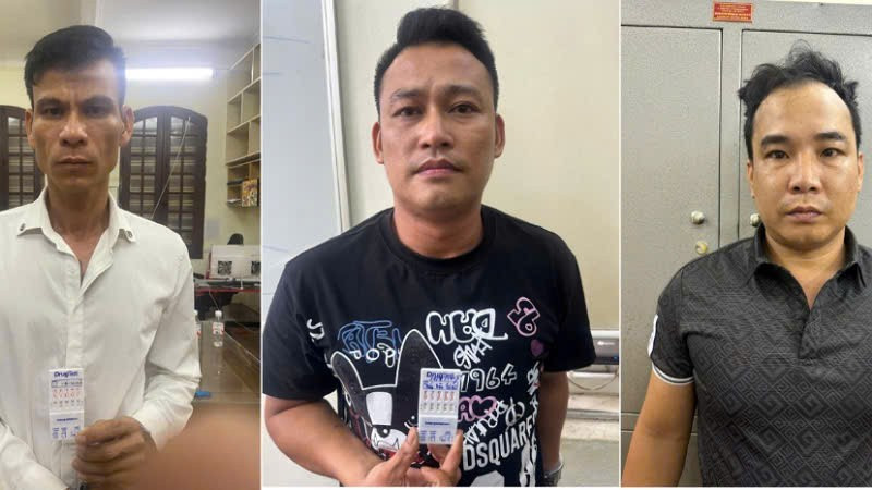 Các đối tượng Lê Văn Nghĩa, Trần Văn Giới và Nguyễn Hồng Nam (từ trái qua phải) tại cơ quan Công an.