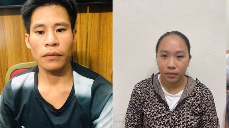 Đối tượng Lều Đức Thắng và vợ là Nguyễn Minh Ánh tại cơ quan Công an.