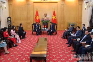 Giám đốc Học viện Chính trị quốc gia Hồ Chí Minh Đoàn Minh Huấn tiếp ông Lee Hong Chuang, đại biểu Quốc hội Đảng Hành động Nhân dân (PAP) của Singapore. (Ảnh: THẾ ĐẠI)