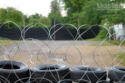 Hàng rào biên giới bằng dây thép gai và lốp xe, được chụp từ phía Banteay Meanchey, Campuchia ngày 29/8/2025. (Ảnh: ĐINH TRƯỜNG)