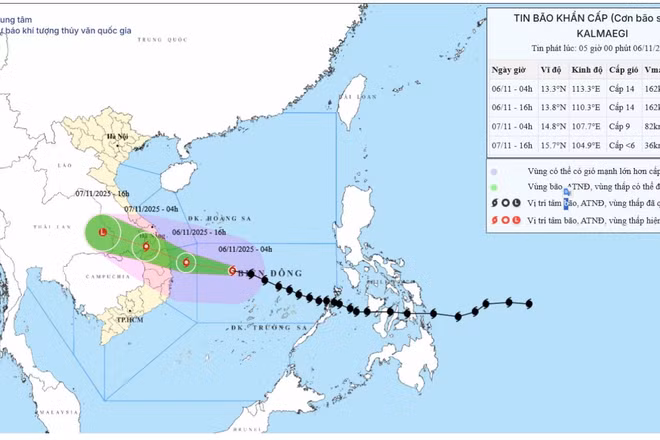 (Ảnh: Bản đồ dự báo quỹ đạo và cường độ bão số 13 (Kalmaegi) phát lúc 5 giờ sáng 6/11/2025. (Nguồn: Trung tâm Dự báo khí tượng thủy văn quốc gia) 