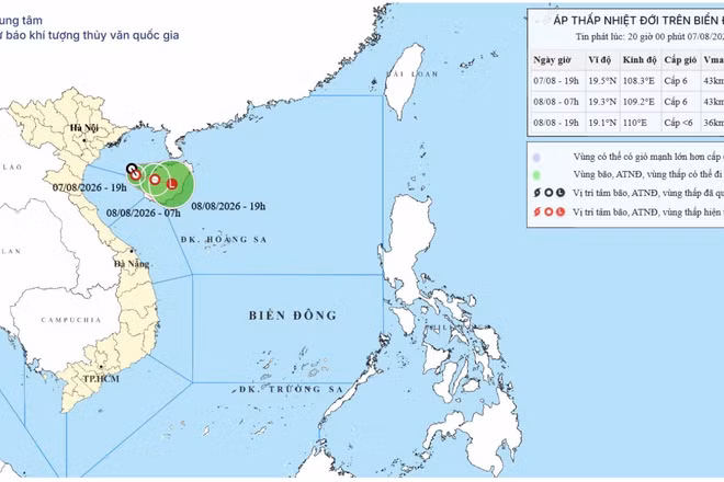 Bản đồ dự báo quỹ đạo và cường độ áp thấp nhiệt đới lúc 20 giờ tối 7/8/2026. (Nguồn: Trung tâm Dự báo khí tượng thủy văn quốc gia)