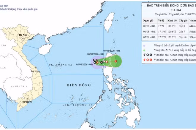 Bản đồ dự báo quỹ đạo và cường độ bão số 3 phát lúc 5 giờ sáng 5/8/2026. (Ảnh: Trung tâm Dự báo khí tượng thủy văn quốc gia)