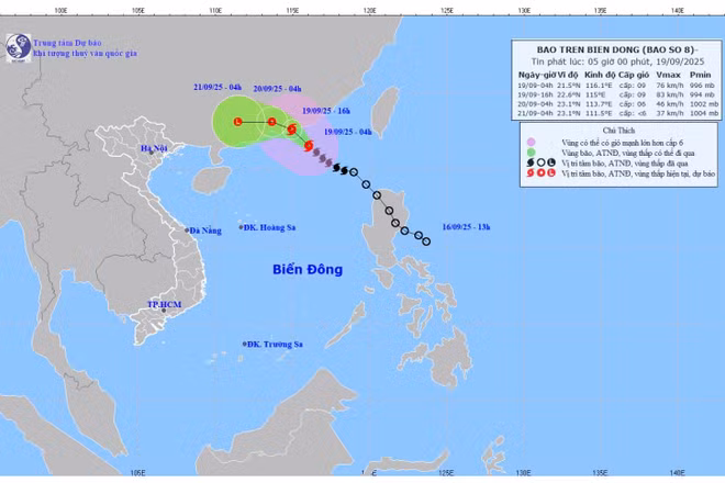 Bản đồ dự báo quỹ đạo và cường độ bão phát lúc 5 giờ sáng 19/9/2025. (Ảnh: Trung tâm Dự báo khí tượng thủy văn quốc gia)