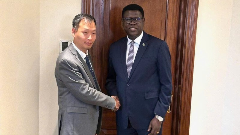 Đại sứ Nguyễn Nam Dương và Bộ trưởng Ngoại giao và Hợp tác quốc tế Nam Sudan Monday Semaya Kumba. (Ảnh do Đại sứ quán Việt Nam tại Ai Cập cung cấp)