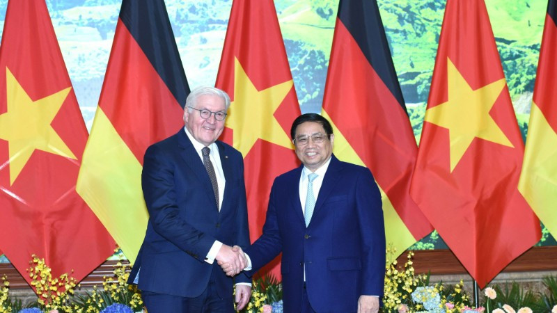 Sáng 24/1/2024, tại Văn phòng Chính phủ, Thủ tướng Phạm Minh Chính đón và hội kiến Tổng thống Cộng hòa Liên bang Đức Frank-Walter Steinmeier đang có chuyến thăm cấp Nhà nước tới Việt Nam. (Ảnh: TRẦN HẢI)