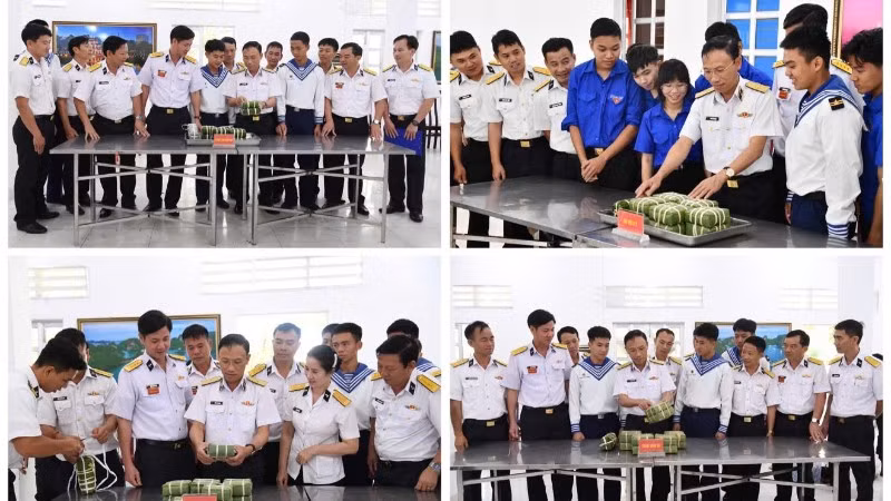 Chuẩn Đô đốc Ngô Văn Thành cùng các đại biểu tham quan sản phẩm tại hội thi. (Ảnh do Vùng 5 Hải quân cung cấp)