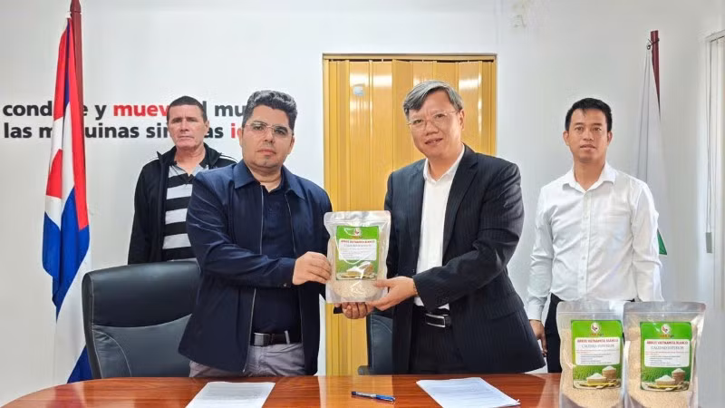 Đại sứ Lê Quang Long bàn giao gạo do Công ty TNHH Agri VMA của Việt Nam sản xuất cho Thứ trưởng Nông nghiệp Cuba Telce González Morera.