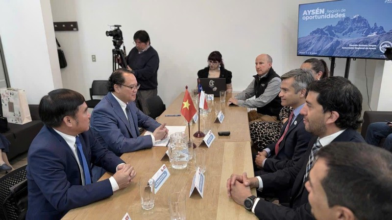 Toàn cảnh buổi làm việc giữa Đại sứ Nguyễn Việt Cường và các lãnh đạo vùng Aysén. (Ảnh: Đại sứ quán Việt Nam tại Chile)
