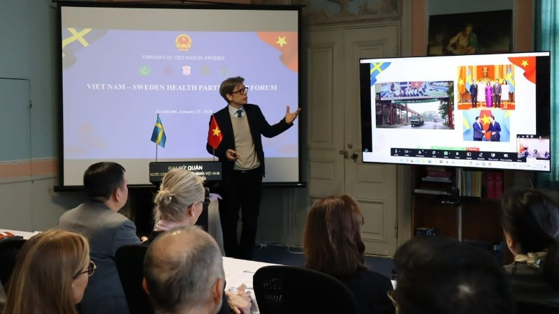 Các diễn giả trình bày tại Diễn đàn đối tác y tế Việt Nam-Thụy Điển. (Ảnh: Đại sứ quán Việt Nam tại Thụy Điển)