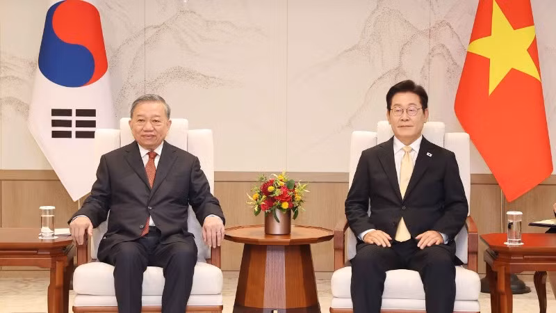 Tổng Bí thư Tô Lâm hội đàm với Tổng thống Hàn Quốc Lee Jae Myung trong chuyến thăm cấp Nhà nước tới Hàn Quốc, tháng 8/2025. (Ảnh: TTXVN)