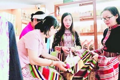 Khách hàng tham quan, tìm hiểu sản phẩm OCOP Hoa Đất Mường.