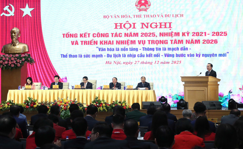 Hội nghị toàn quốc tổng kết công tác năm 2025, nhiệm kỳ 2021-2025 và triển khai nhiệm vụ trọng tâm năm 2026 của Bộ Văn hóa, Thể thao và Du lịch, tổ chức ngày 27/12. (Ảnh: Bộ Văn hóa, Thể thao và Du lịch cung cấp)
