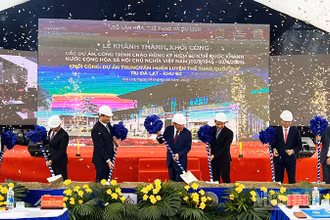 Các đại biểu thực hiện nghi thức khởi công dự án Trung tâm huấn luyện thể thao quốc gia tại Đà Lạt.
