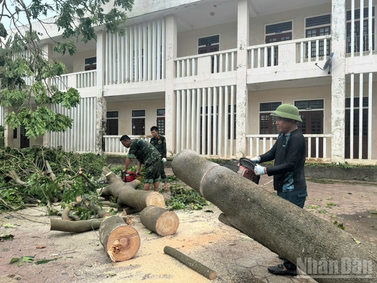 Cán bộ, chiến sĩ Trung đoàn 841 hỗ trợ các trường học ở Cổ Đạm khắc phục thiệt hại do bão số 5 gây ra. ndo_br_1000001087.jpg