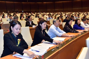 Các đại biểu Quốc hội tiến hành biểu quyết bằng hình thức bấm nút, ngày 12-11. Ảnh: DUY LINH.