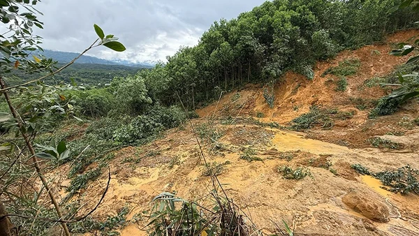 Khu vực núi ghi nhận vết nứt lớn kéo dài hơn 100m, gây sụt lún đất với độ sâu hơn 1m.