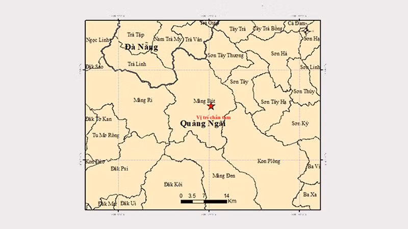 Bản đồ tâm chấn động đất M=4,5 tại xã Măng Bút, tỉnh Quảng Ngãi. (Nguồn: Trung tâm Báo tin động đất và Cảnh báo sóng thần, Viện Các khoa học trái đất)