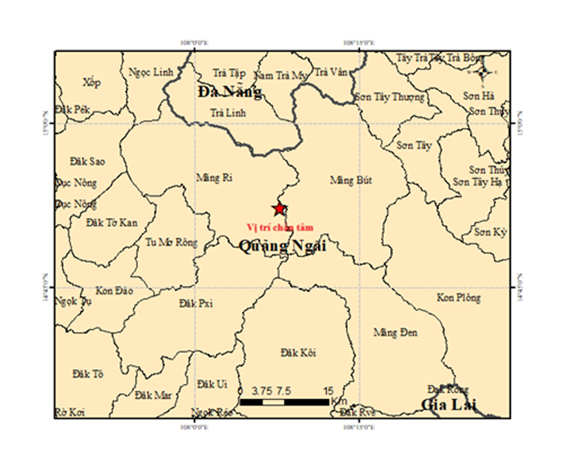 Bản đồ tâm chấn động đất M=4,9 tại xã Măng Ri, tỉnh Quảng Ngãi. (Nguồn: Trung tâm Báo tin động đất và Cảnh báo sóng thần, Viện Các khoa học trái đất)