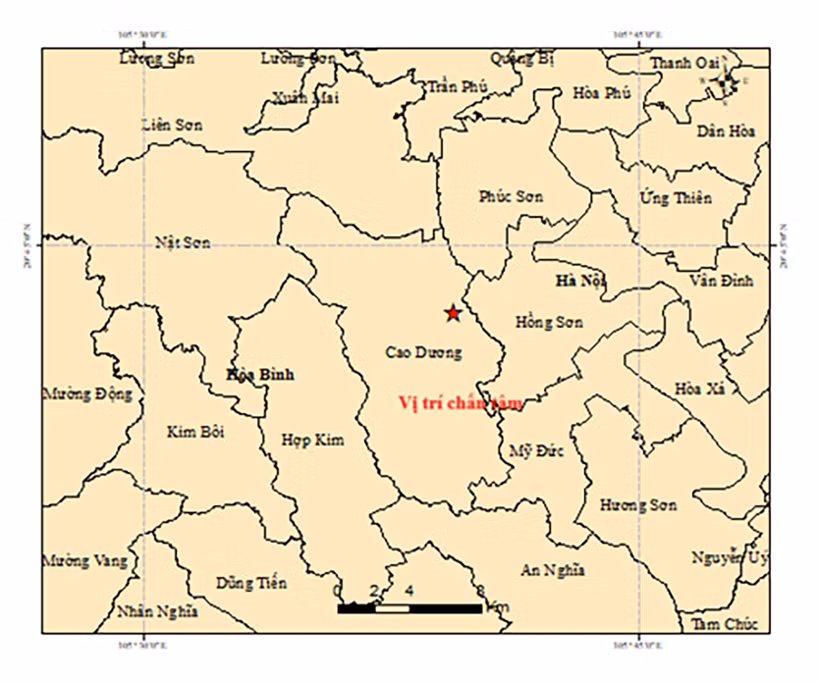 Bản đồ tâm chấn động đất tại xã Cao Dương, tỉnh Phú Thọ. (Nguồn: Trung tâm Báo tin động đất và Cảnh báo sóng thần, Viện Các khoa học trái đất)