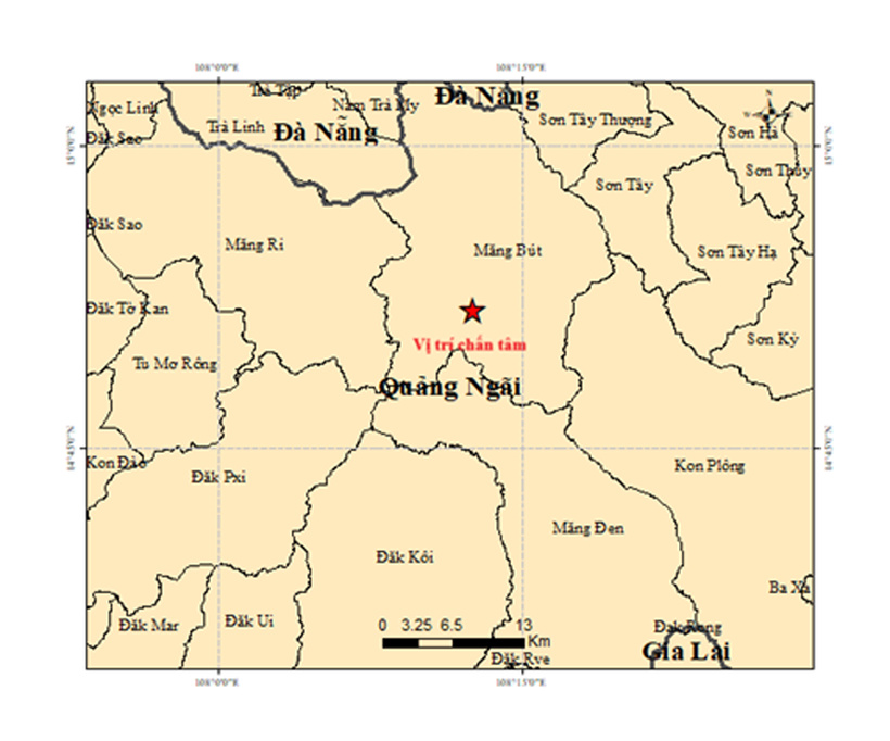 Bản đồ chấn tâm trận động đất có độ lớn 3,9. (Ảnh: Viện Các khoa học Trái đất)