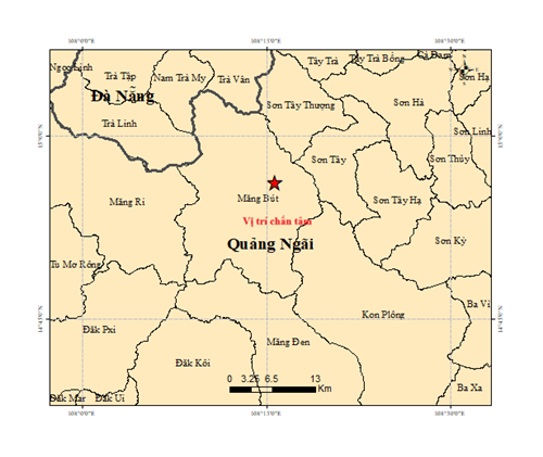 Bản đồ chấn tâm trận động đất có độ lớn 3,8 xảy ra tại xã Măng Bút, tỉnh Quảng Ngãi. (Ảnh: Viện Các khoa học Trái đất)