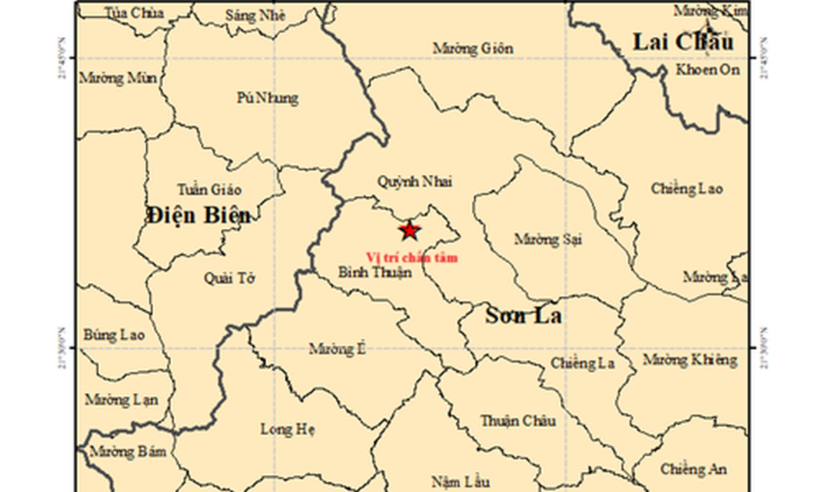 Vị trí xảy ra trận động đất 3,6 độ tại tỉnh Sơn La. (Nguồn: Trung tâm Báo tin và Cảnh báo sóng thần)