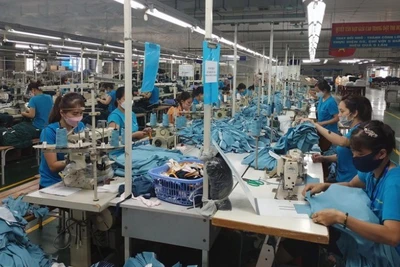 May hàng xuất khẩu tại Nhà máy may Hanosimex Ðồng Văn. (Ảnh: MINH ĐỨC-TRỊNH BÌNH)