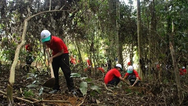Trong ảnh: Các em học sinh và các tình nguyện viên tham gia trồng rừng tại Vườn quốc gia Bến En, tỉnh Thanh Hóa. (Ảnh: Trịnh Duy Hưng - TTXVN)
