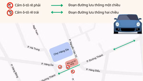 [Infographic] Phân luồng di chuyển ô-tô qua khu vực chợ Hàng Da đang thi công bể điều tiết ngầm