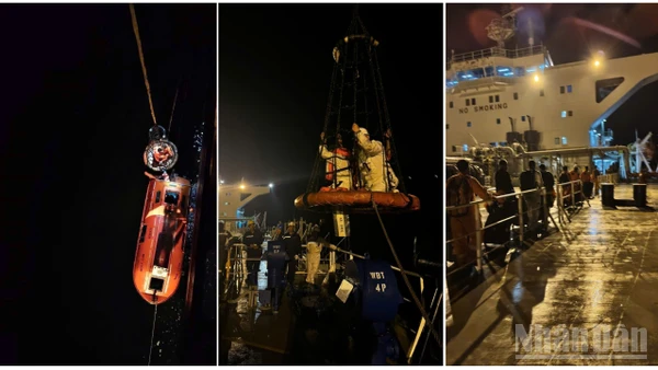 Tàu SAND triển khai công tác cứu hộ các thuyền viên tàu MKD VYOM bị nạn rất khẩn trương và cẩn trọng. (Ảnh: Tàu SAND cung cấp)