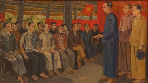 Chủ tịch Hồ Chí Minh nói chuyện với đại biểu Quốc dân Đại hội tại Đình Tân Trào. (Tranh sơn dầu: Họa sĩ Cao Thương)