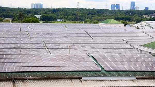 Pin năng lượng mặt trời được nhiều khu công nghiệp sử dụng, tạo nguồn năng lượng tái tạo, thân thiện với môi trường. (Ảnh: Hồng Đạt - TTXVN)