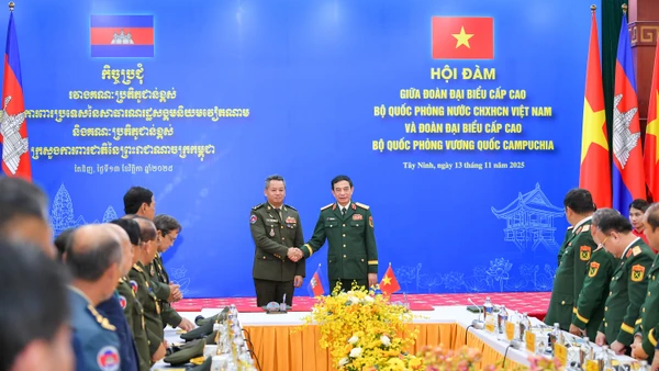 Đại tướng Phan Văn Giang, Ủy viên Bộ Chính trị, Phó Bí thư Quân ủy Trung ương, Bộ trưởng Quốc phòng, Đại tướng Tea Seiha, Phó Thủ tướng Chính phủ, Bộ trưởng Quốc phòng Campuchia tại cuộc hội đàm.