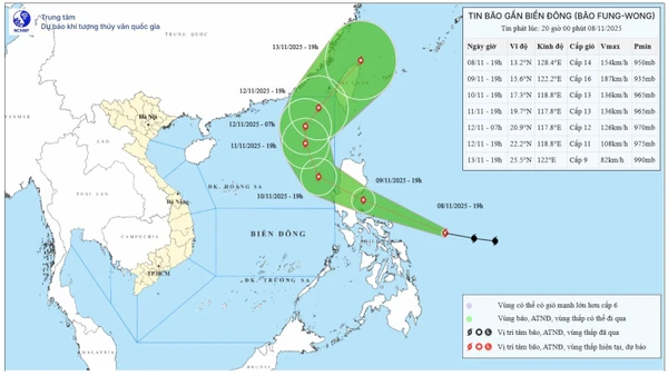 Bản đồ dự báo quỹ đạo và cường độ bão Fung-Wong phát lúc 20 giờ tối 8/11/2025. (Nguồn: Trung tâm Dự báo khí tượng thủy văn quốc gia)