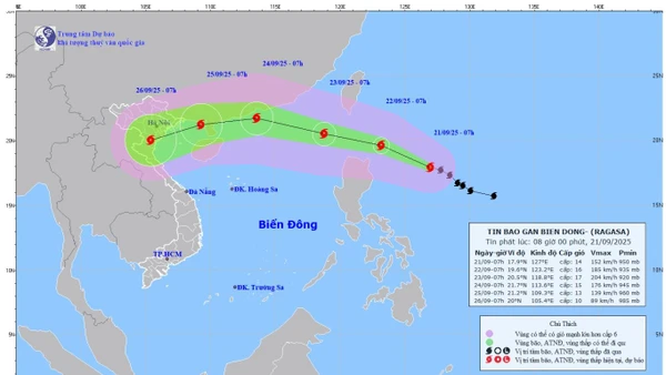Bản đồ dự báo quỹ đạo và cường độ bão số 9 phát lúc 8 giờ ngày 21/9/2025. (Ảnh: Trung tâm Dự báo khí tượng thủy văn quốc gia)