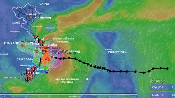 Hướng di chuyển của bão số 13 (Kalmaegi) lúc 17 giờ 30 phút chiều 6/11/2025. (Nguồn: Hệ thống Giám sát thiên tai Việt Nam)