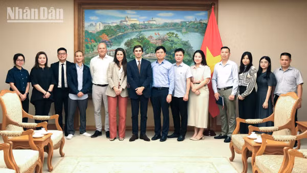 Đoàn chuyên gia tư vấn Pháp trong buổi làm việc tại Cục Chuyển đổi số (Văn phòng Chính phủ) sáng 30/6.