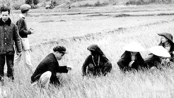 Bí thư Kim Ngọc (người đội mũ ngồi bên trái) với nông dân.