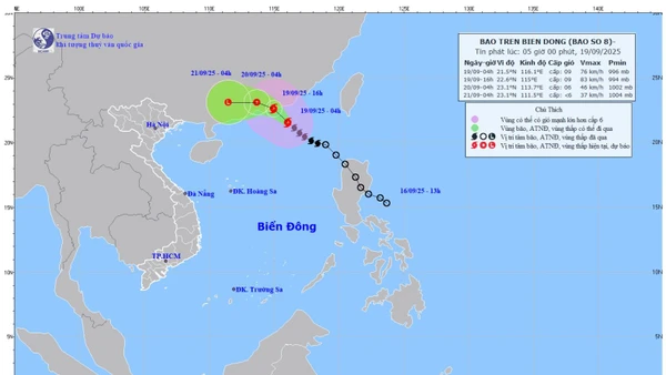 Bản đồ dự báo quỹ đạo và cường độ bão phát lúc 5 giờ sáng 19/9/2025. (Ảnh: Trung tâm Dự báo khí tượng thủy văn quốc gia)