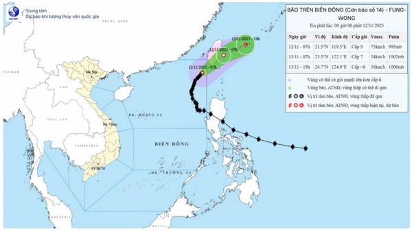 Bản đồ dự báo quỹ đạo và cường độ bão số 14 phát lúc 8 giờ ngày 12/11/2025. (Nguồn: Trung tâm Dự báo khí tượng thủy văn quốc gia)