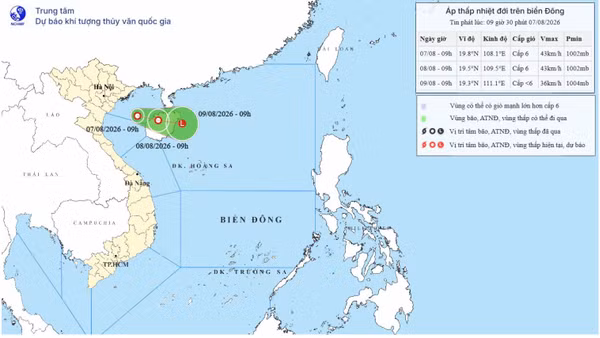 Bản đồ dự báo quỹ đạo và cường độ áp thấp nhiệt đới lúc 9 giờ sáng 7/8/2026. (Nguồn: Trung tâm Dự báo khí tượng thủy văn quốc gia)