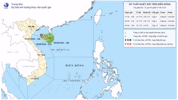 Bản đồ dự báo quỹ đạo và cường độ áp thấp nhiệt đới lúc 20 giờ tối 7/8/2026. (Nguồn: Trung tâm Dự báo khí tượng thủy văn quốc gia)