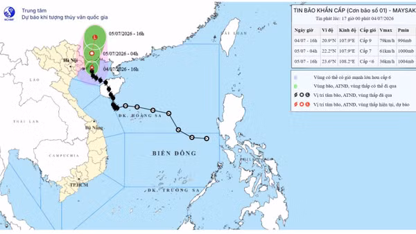 Bản đồ dự báo quỹ đạo của bão số 1 lúc 17 giờ ngày 4/7/2026. (Nguồn: Trung tâm Dự báo khí tượng thủy văn quốc gia)