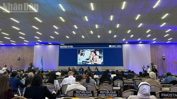 Đại sứ Nguyễn Thị Vân Anh, Trưởng Phái đoàn thường trực Việt Nam bên cạnh UNESCO, giới thiệu dự thảo Nghị quyết.