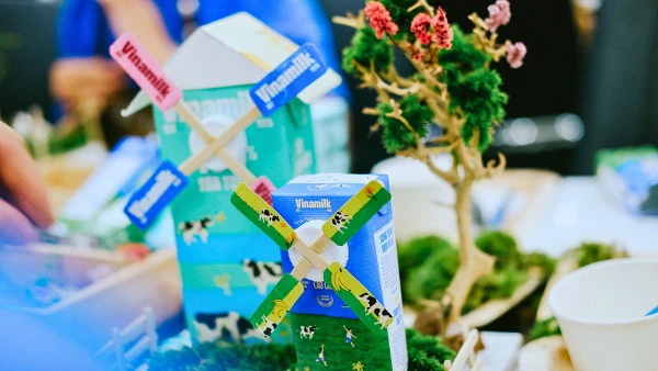 Những chiếc vỏ hộp sữa Vinamilk được “tái sinh” thành những mô hình xinh xắn. (Ảnh: Minh Anh)